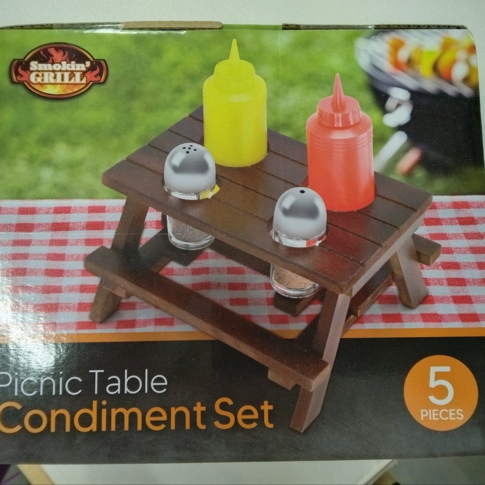 Picnic Table Condiment Set Ketchup and Mustard Salt and Pepper Camping